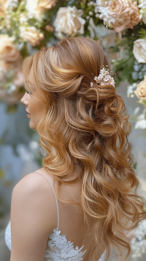 A half-up half-down hairstyle with soft, flowing curls for a dreamy effect.