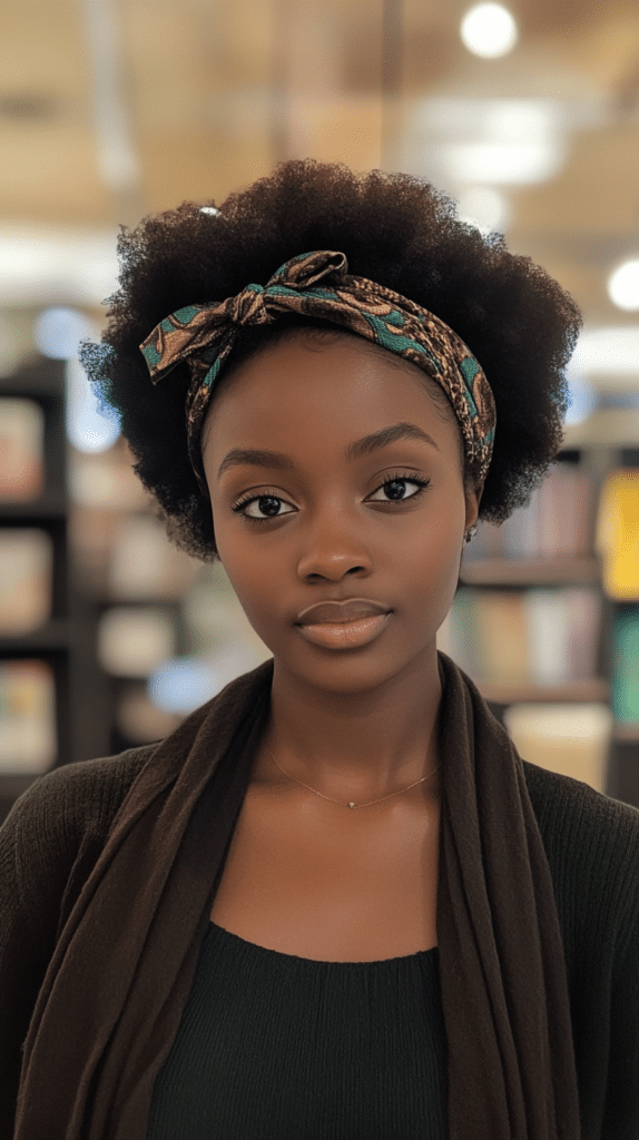A woman with a short afro styled with a fashionable headband.