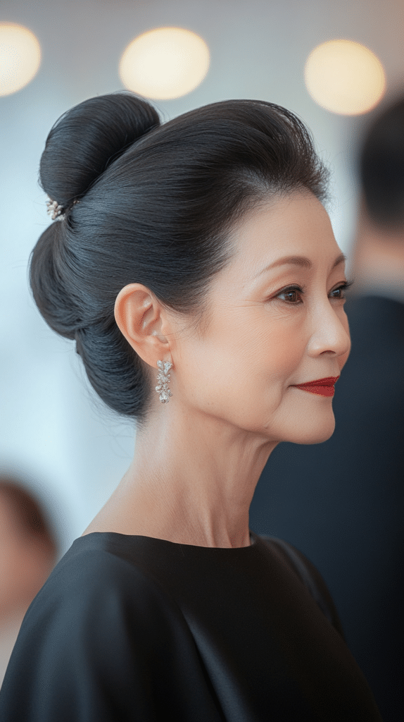 A high bun with a smooth and polished finish, perfect for an elegant wedding.