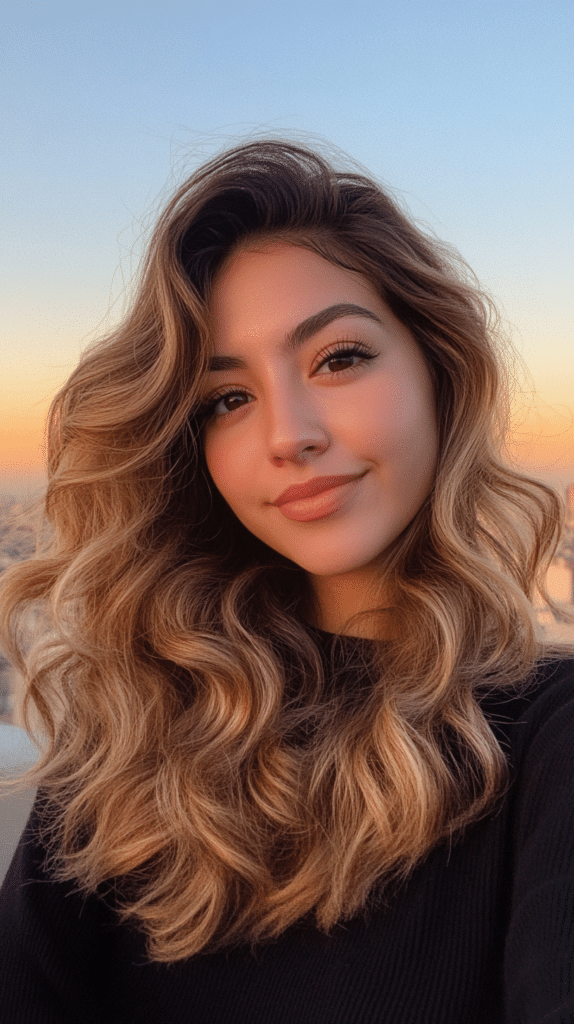 A woman with voluminous, wavy bronde hair featuring a high-contrast ombre effect, transitioning from deep brunette roots to golden blonde ends.