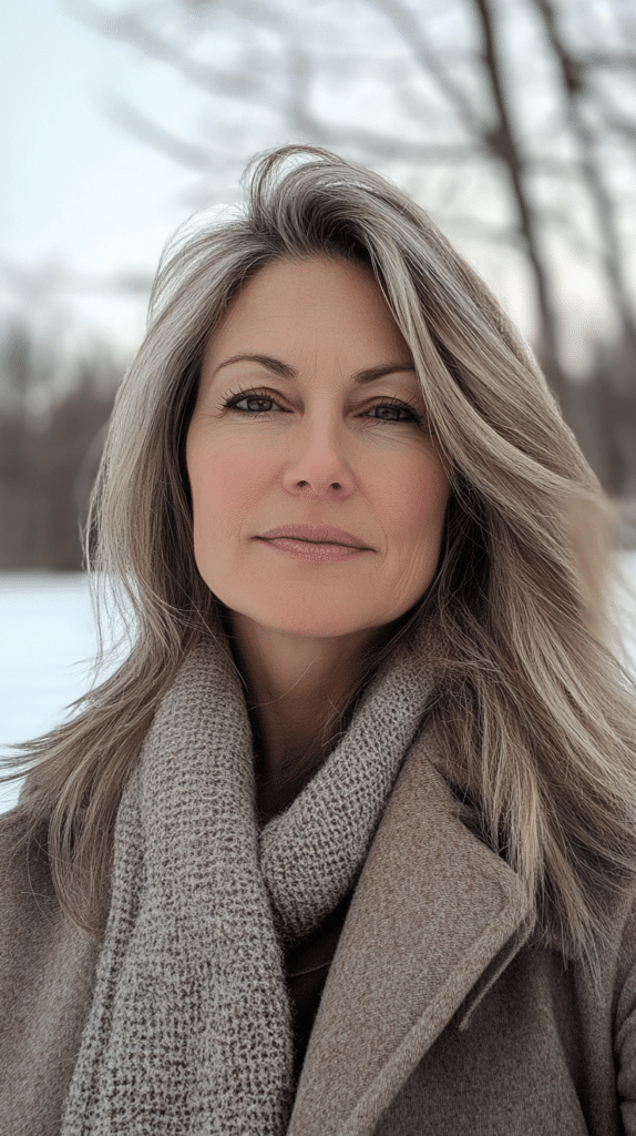 A woman with sleek icy bronde hair featuring silver-toned highlights. The cool-toned bronde creates a sophisticated and modern look.