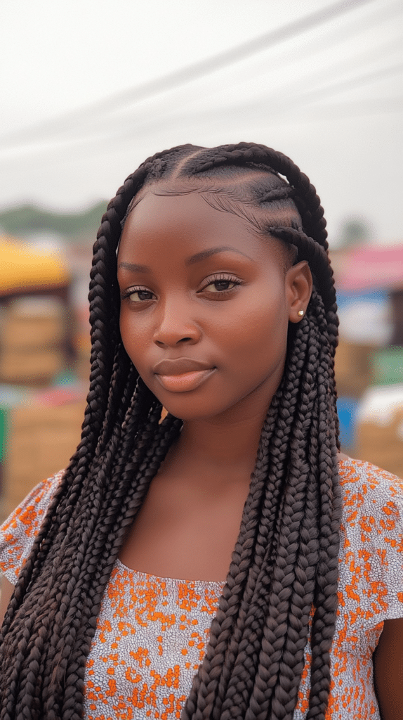 A woman with jumbo-sized Ghanaian braids, giving a bold and eye-catching appearance while requiring minimal upkeep.