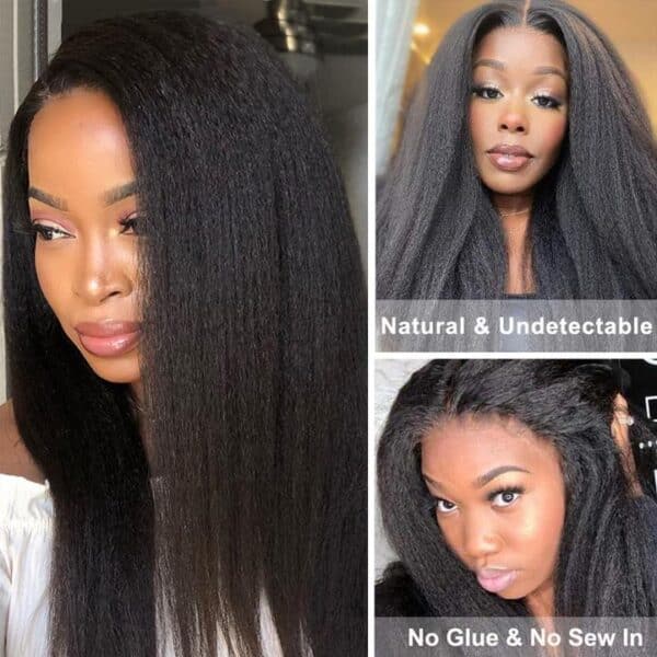 KinkyStraightVPartWigBeginnerFriendlyUndetectableLeaveOutYakiStraightIPartWig11 Sunber Kinky Straight V Part Wigs Versatile No Leave Out Yaki Straight Human Hair Wig - 22 / No Lace V Part-150% Density