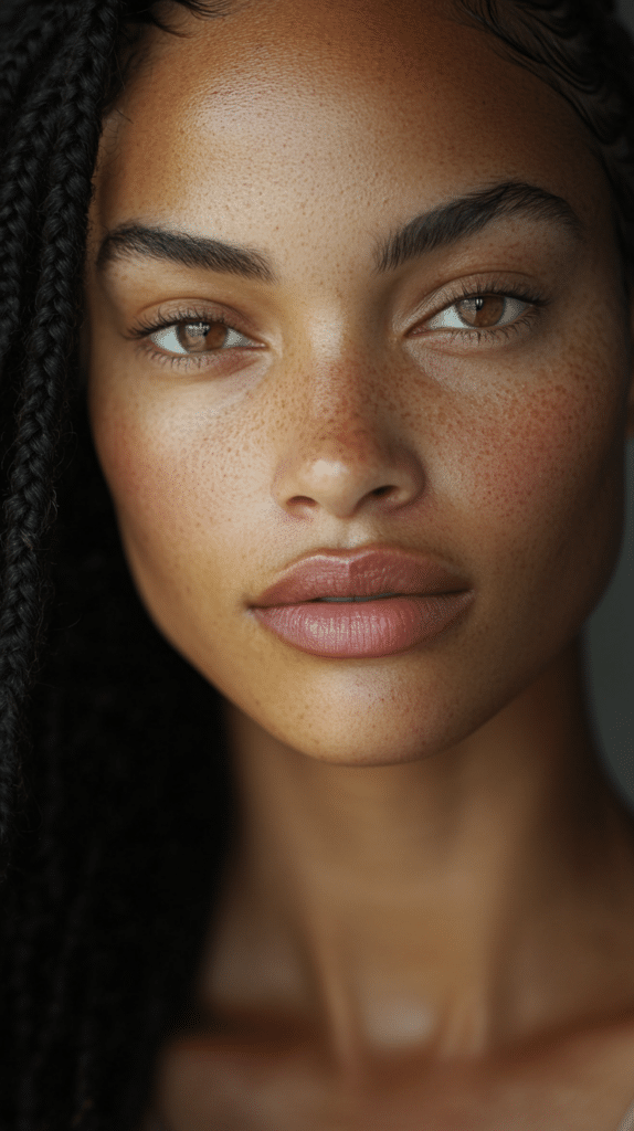 A woman with knotless Ghanaian braids, creating a lightweight and tension-free hairstyle with a seamless natural look.