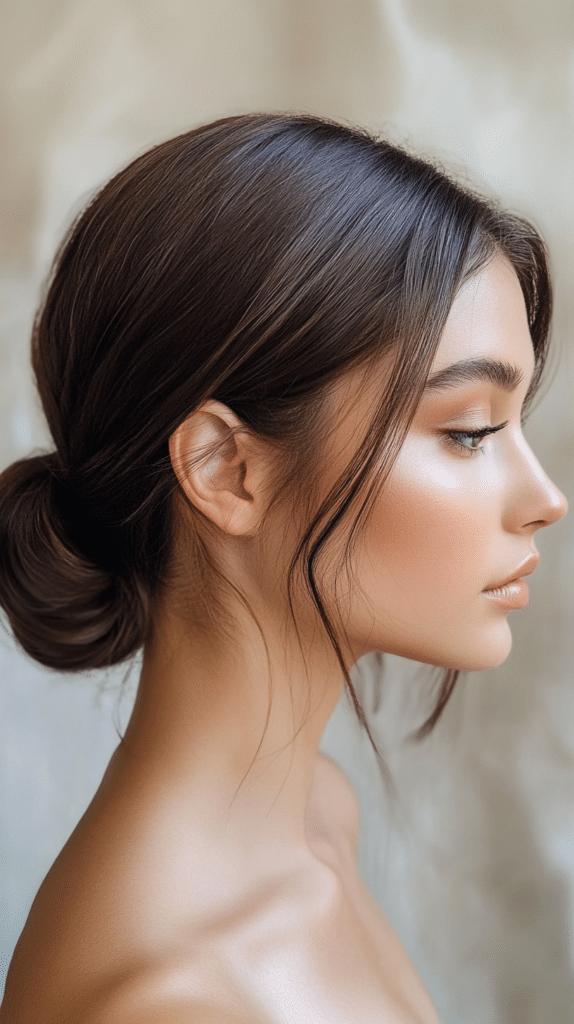 A woman with dark brown hair styled in a knotted low bun, with soft lighting enhancing her features.