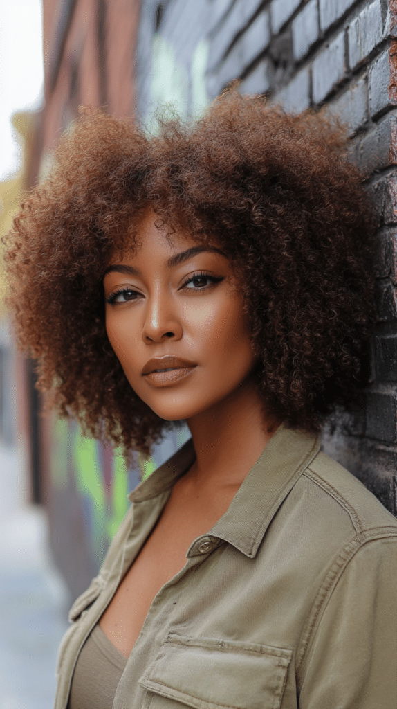 A woman with a short layered afro, adding movement and shape to natural curls.