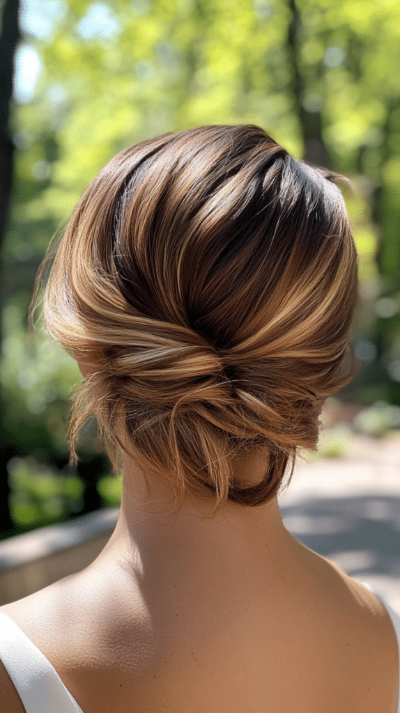 A woman with a layered bob haircut and bronde balayage, featuring soft waves that add volume. The background is blurred to keep the focus on her hair.