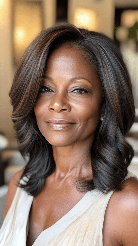 A soft, layered shoulder-length haircut with natural movement and volume.