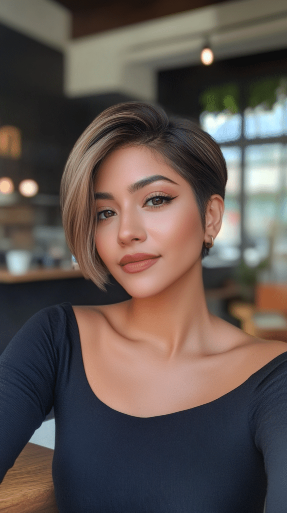 A woman with a long pixie cut featuring side-swept bronde balayage highlights, adding dimension and softness.
