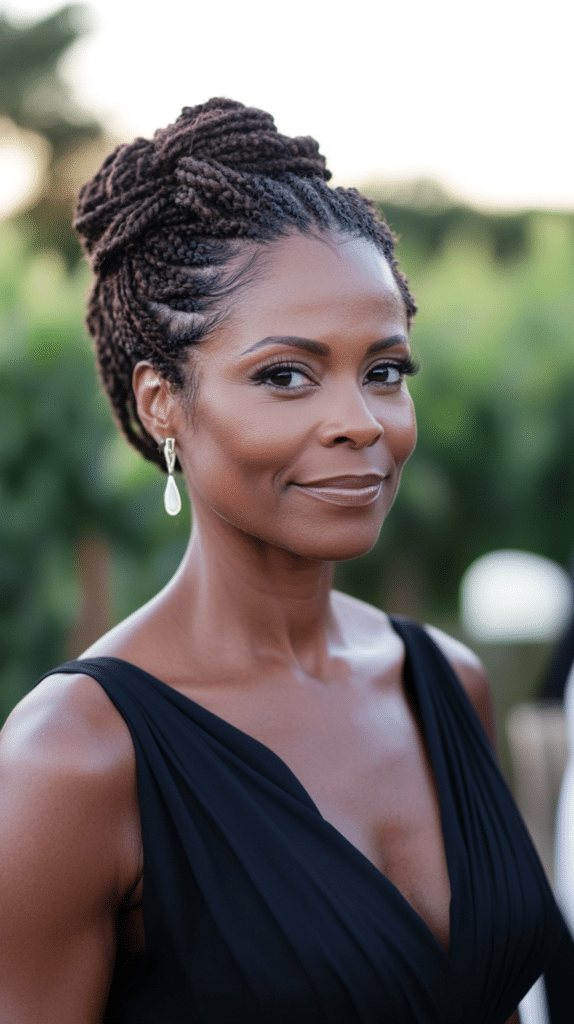 A relaxed braided updo with soft tendrils framing the face for a romantic look.