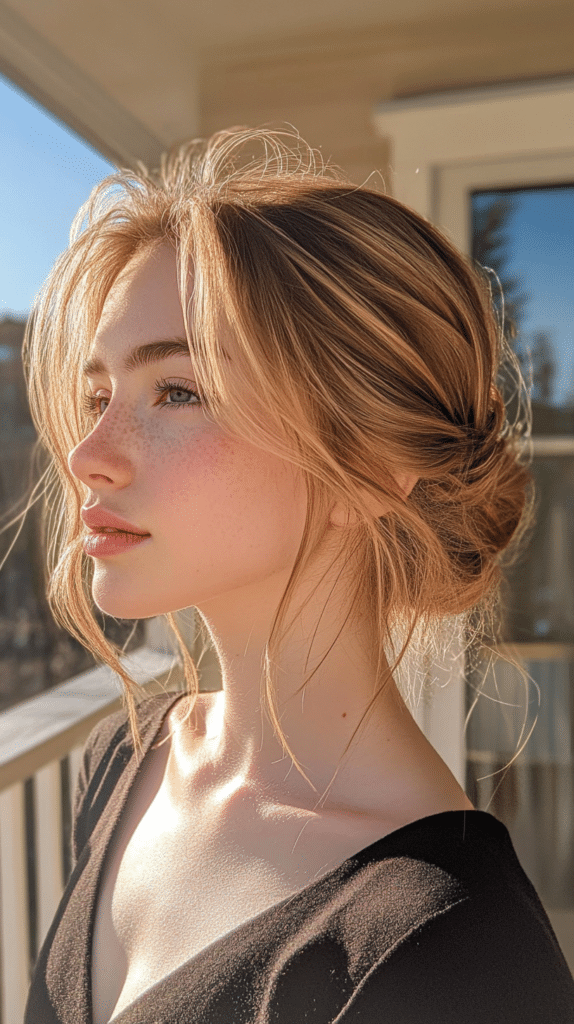 A woman with long dark hair and caramel highlights in a braided low bun.
