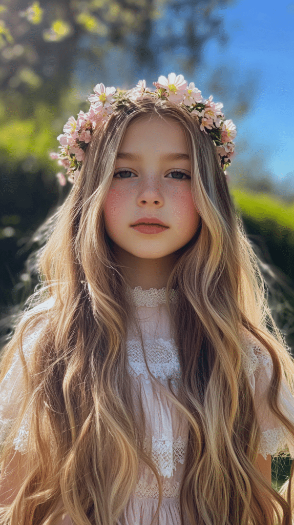 A girl with wavy blonde hair styled with a floral headband, standing in a sunny garden with a softly blurred background.