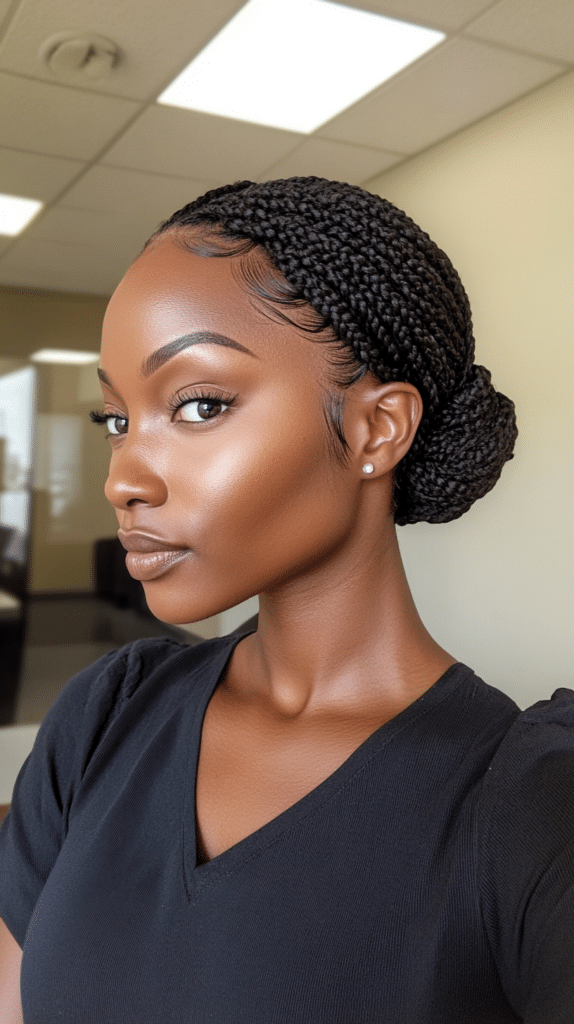 A woman with Ghanaian braids styled into a sleek low bun, giving a polished and elegant appearance.