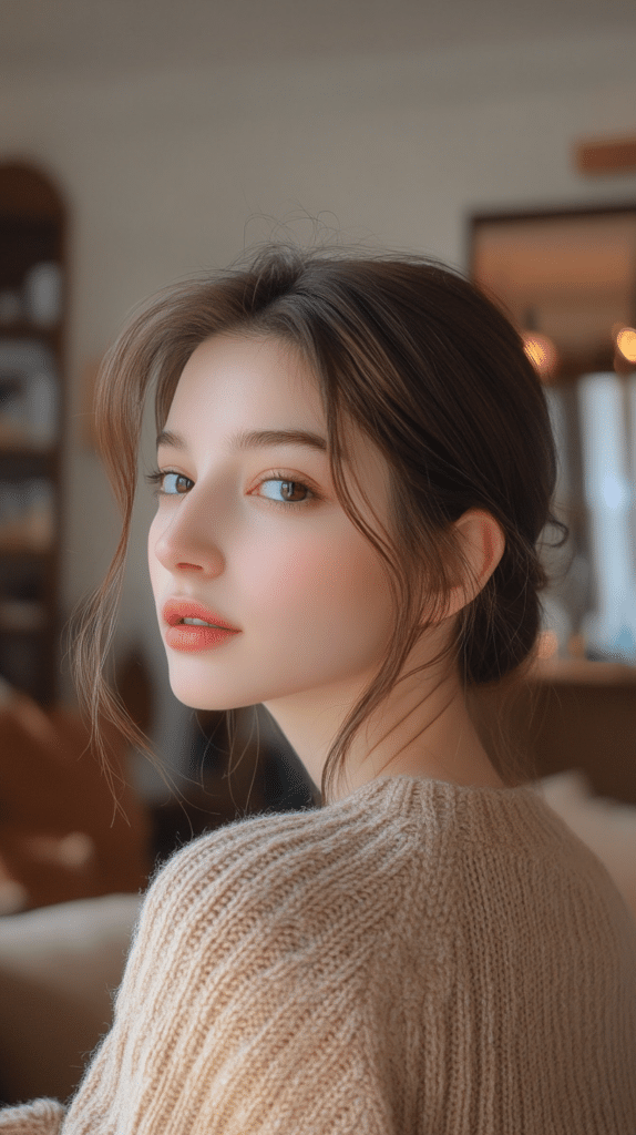 A woman with glossy deep brown hair styled in a simple and elegant low bun.