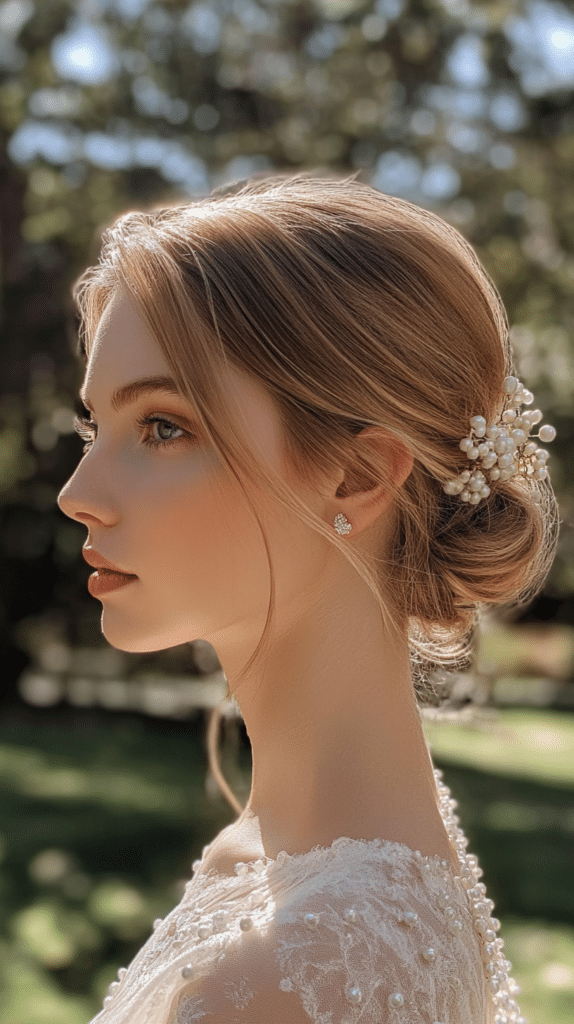 A woman with ash-blonde hair styled in a low bun adorned with pearl pins at a wedding.