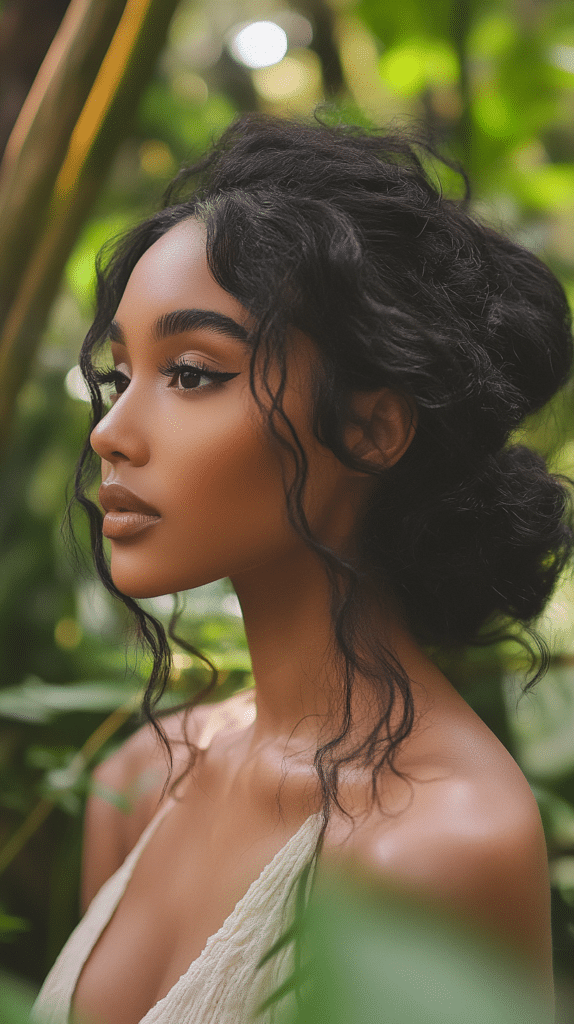 A woman with black curly hair in a voluminous low bun with enhanced curls.