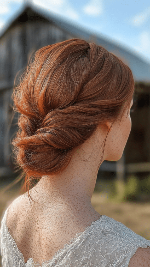 A woman with auburn hair in a fishtail braid woven into a low bun, standing in a countryside setting.