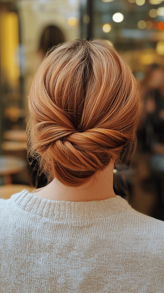 A woman with strawberry blonde hair styled in a low bun incorporating French twist details.