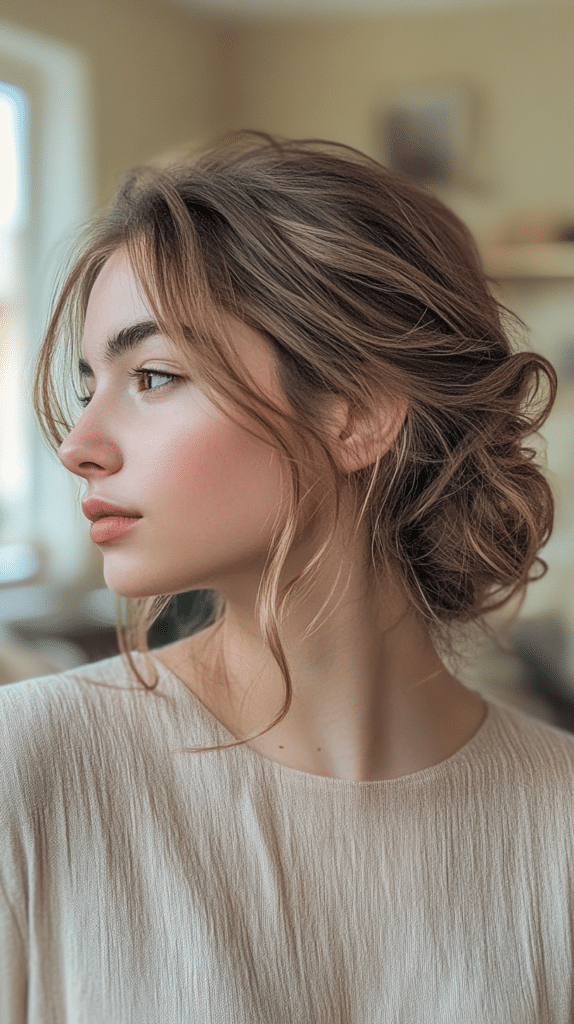A woman with light brown wavy hair in a loose low bun, with strands framing her face.