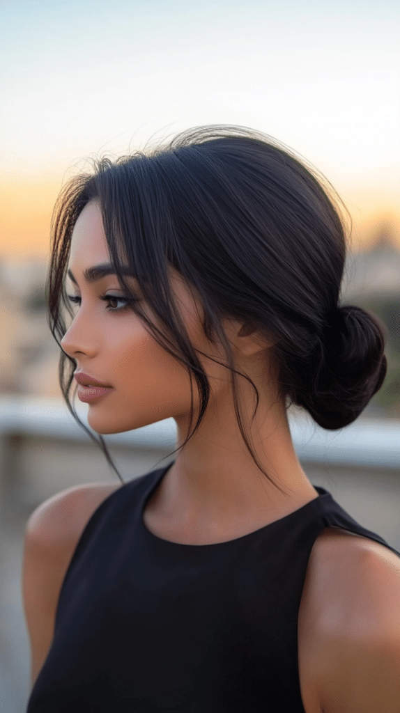 A woman with jet-black straight hair styled in a low bun with a deep side part.