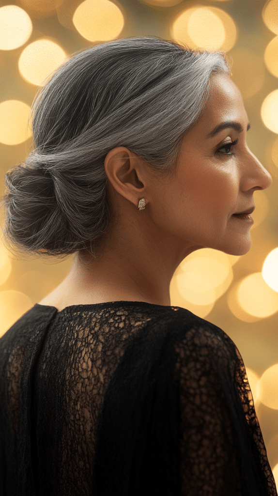 A mature woman with salt-and-pepper hair in a refined low chignon at a formal event.