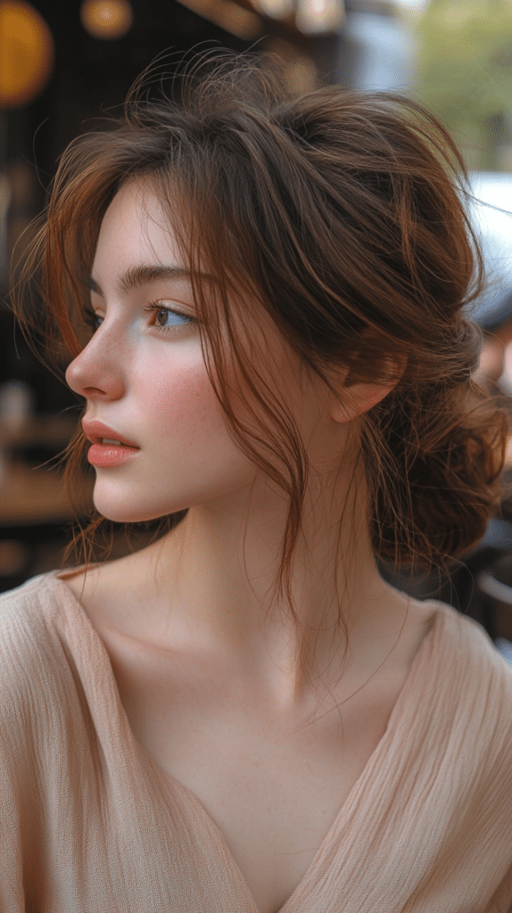 A young woman with chestnut brown hair in a loose, messy low bun with soft strands framing her face.