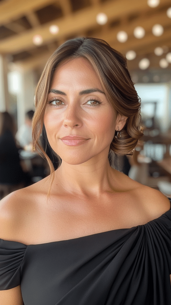 A woman with a low twisted chignon, styled for an elegant and refined party appearance.