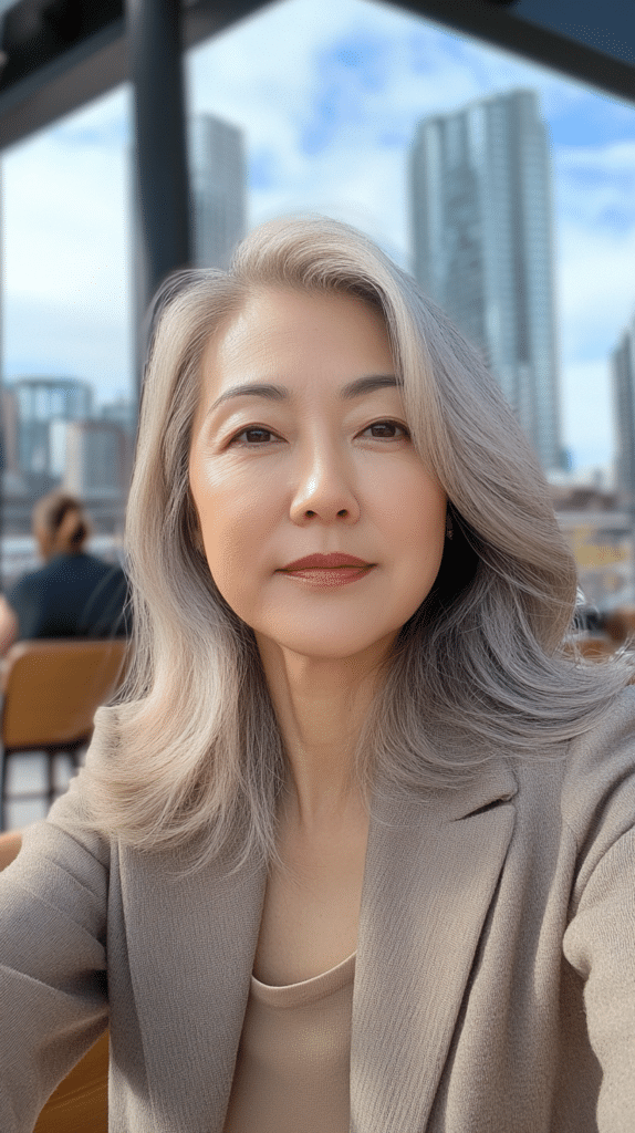 A woman with sleek, medium-length mushroom bronde hair. The smooth, polished finish enhances the cool-toned hues.