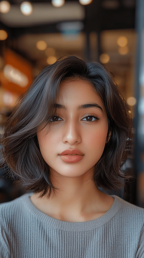 A woman with a tousled bob and feathered bangs, creating a carefree, effortless look.