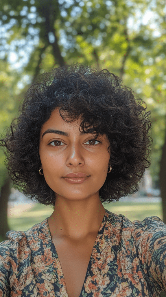 A woman with a neatly trimmed mini afro, showcasing soft and natural curls.