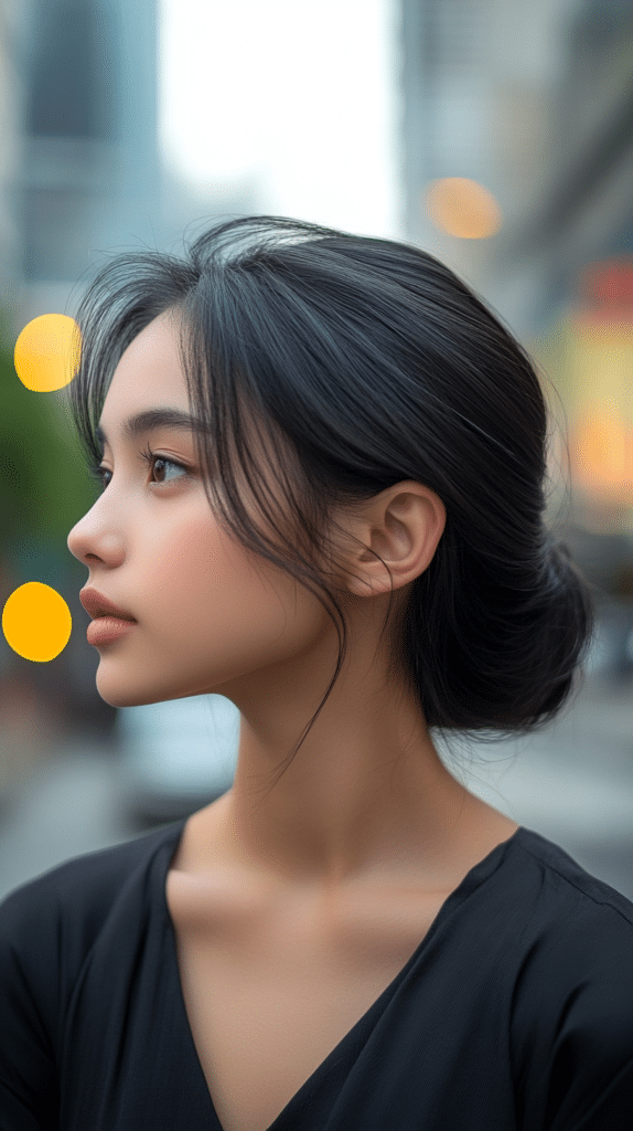 A woman with sleek jet-black hair in a simple, minimalist low bun.