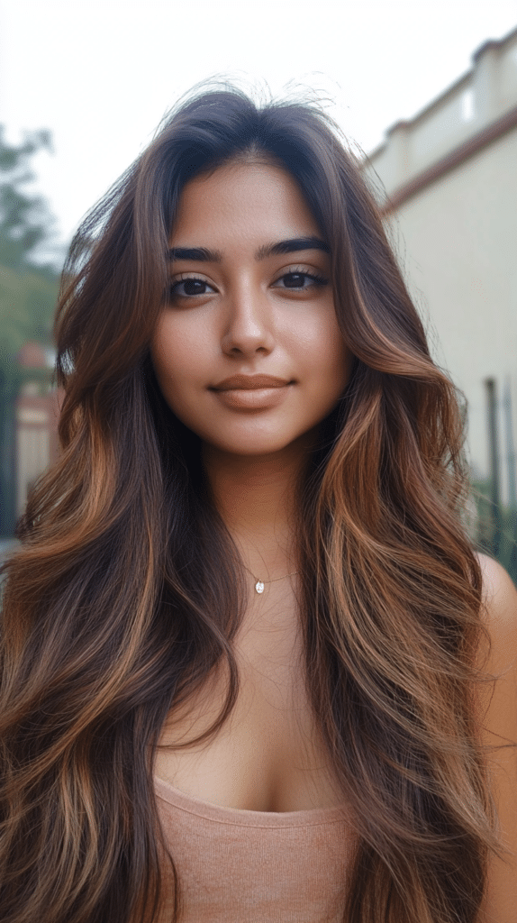 A woman with long, thick mocha bronde hair cascading in soft waves. The deep brown roots gradually melt into warm bronde highlights for a rich, dimensional effect.