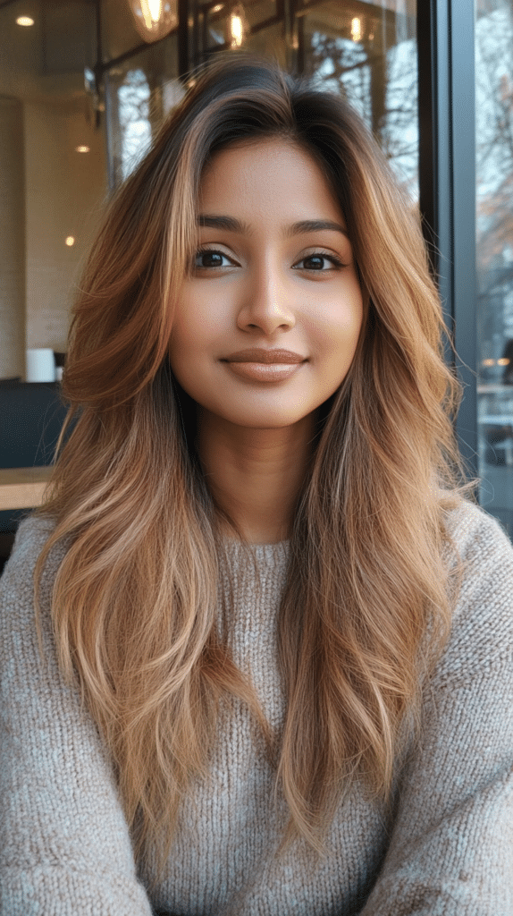 A woman with multi-dimensional bronde hair featuring a mix of warm caramel and cool ash blonde tones, creating a dynamic and blended color effect.