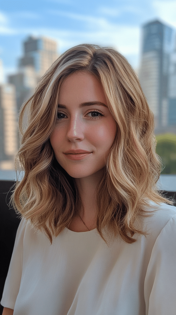 A woman with medium-length mushroom bronde hair featuring bold, face-framing money piece highlights. Her hair is styled in loose waves.