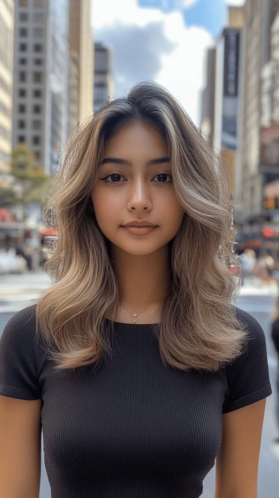 A woman with shoulder-length, soft mushroom bronde hair mixed with ash brown undertones. Her loose waves add movement.