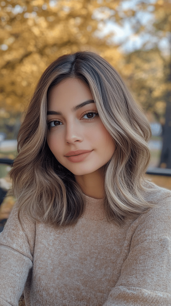 A woman with muted mushroom bronde hair. The soft, cool tones create a refined, elegant look in her shoulder-length waves.