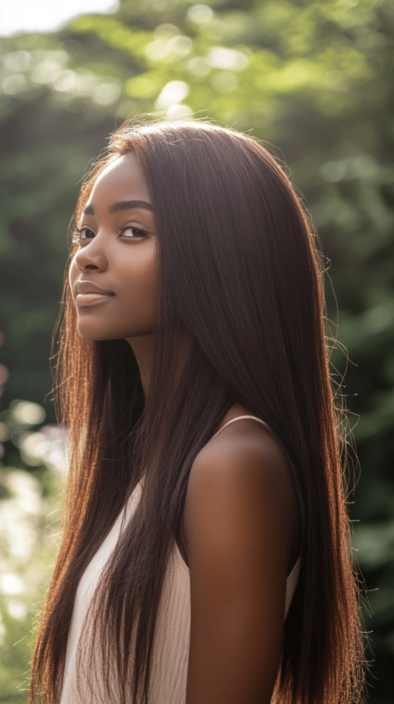A woman with long, natural mushroom bronde hair, softly blended into deep brown roots. Her hair is straight with soft layers.