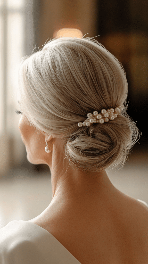 A low bun with delicate pearl accents for a timeless and elegant touch.