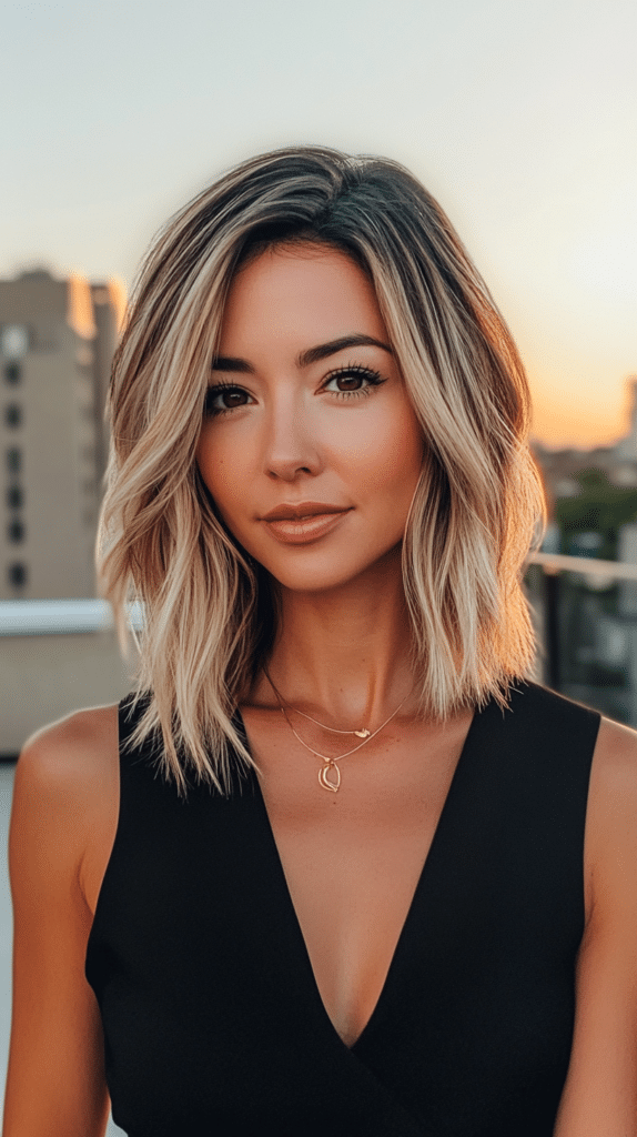 A woman with platinum bronde hair featuring icy blonde highlights against deep brown roots. The high-contrast look gives the hair a bold, striking appearance.