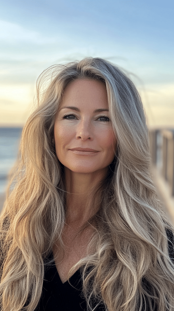 A woman with long, platinum-tinted mushroom bronde hair. The cool, icy undertones add a radiant, luminous glow.