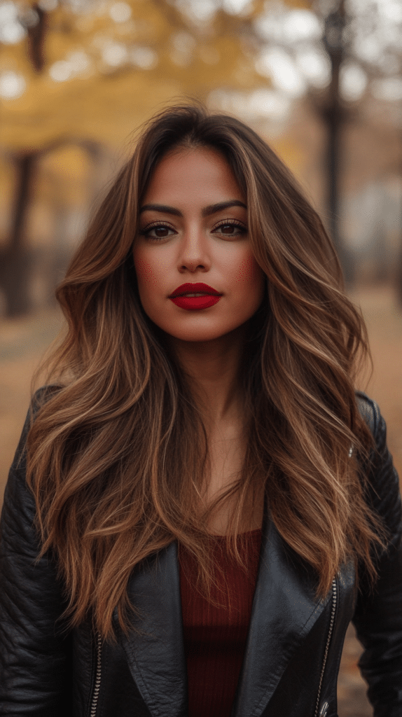 A woman with long bronde hair featuring subtle red undertones. The mix of warm brunette, golden blonde, and soft copper hues gives a fiery, radiant effect.