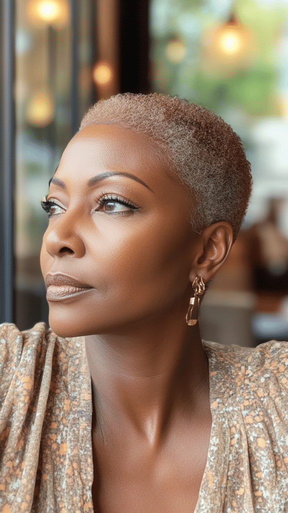 A woman with rich mushroom bronde hair featuring mocha undertones. Her short, layered cut enhances the depth of the color.