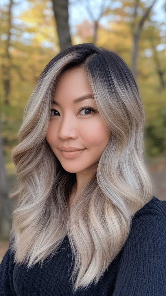 A woman with rooted mushroom bronde hair. Her dark roots blend seamlessly into ashy blonde tones.