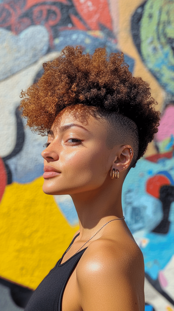 A woman with shaved sides and a voluminous afro top, creating a bold contrast.