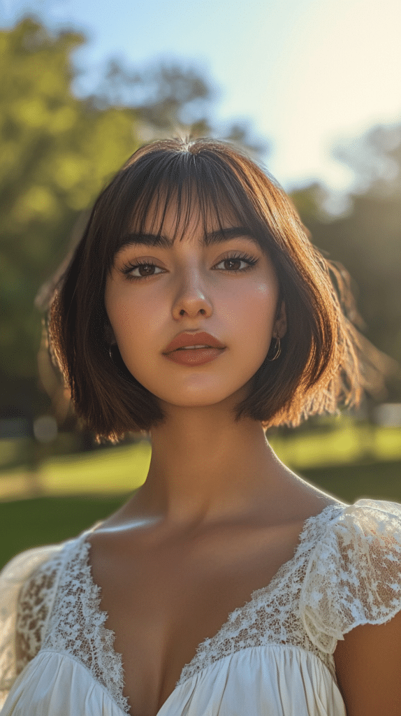 A woman with a lightweight, bouncy bob and delicate fringe, enhancing volume in fine hair.