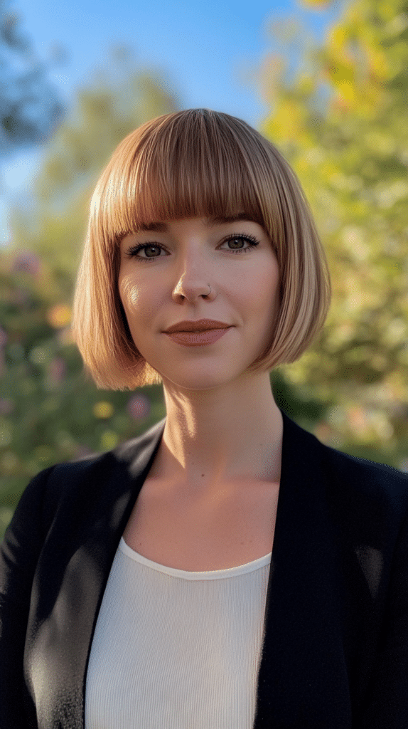 A woman with a bob and fringe tailored to balance a round face shape, enhancing facial features.