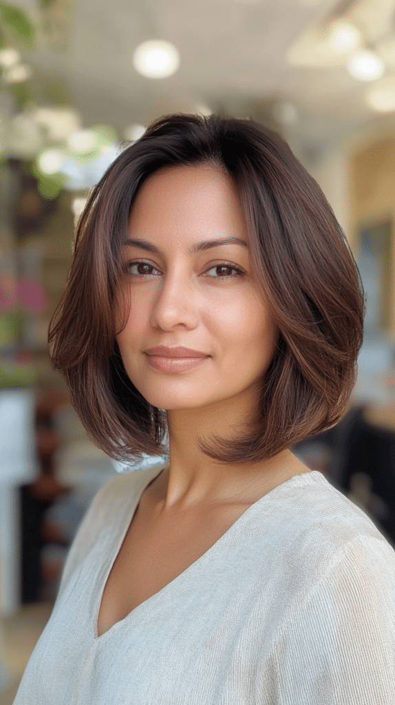 A woman with a lightweight, voluminous bob and delicate fringe, styled to add fullness to thin hair.