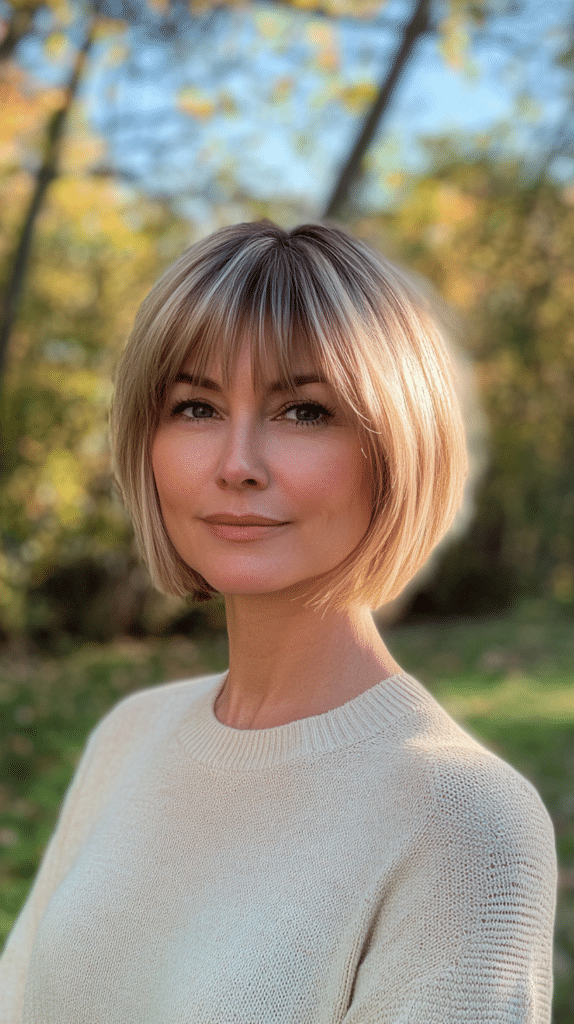 A woman with a classic short bob and fringe that frames the face, creating a refined and elegant style.
