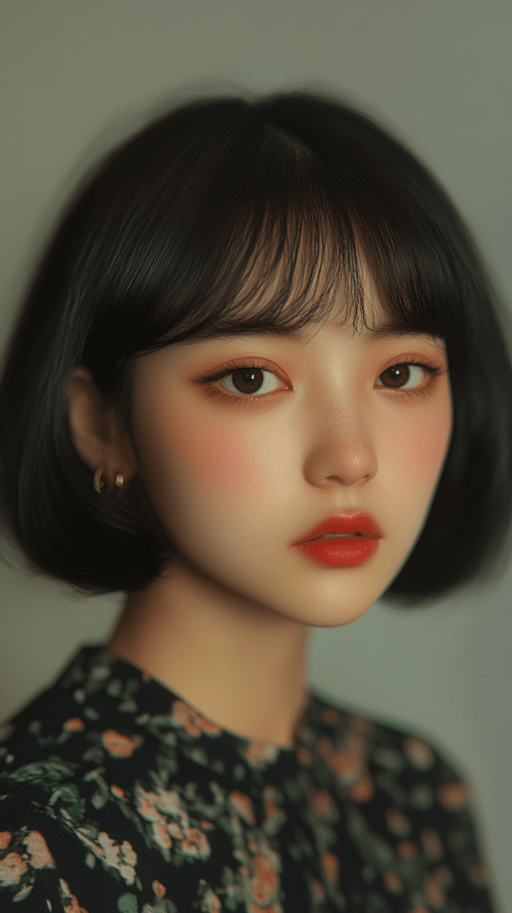 A woman with a short bob and ultra-short micro bangs, creating a bold, high-fashion look.