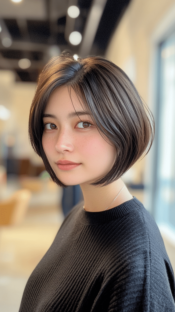A woman with a modern short bob and a razor-cut fringe, adding sharpness and definition to the style.